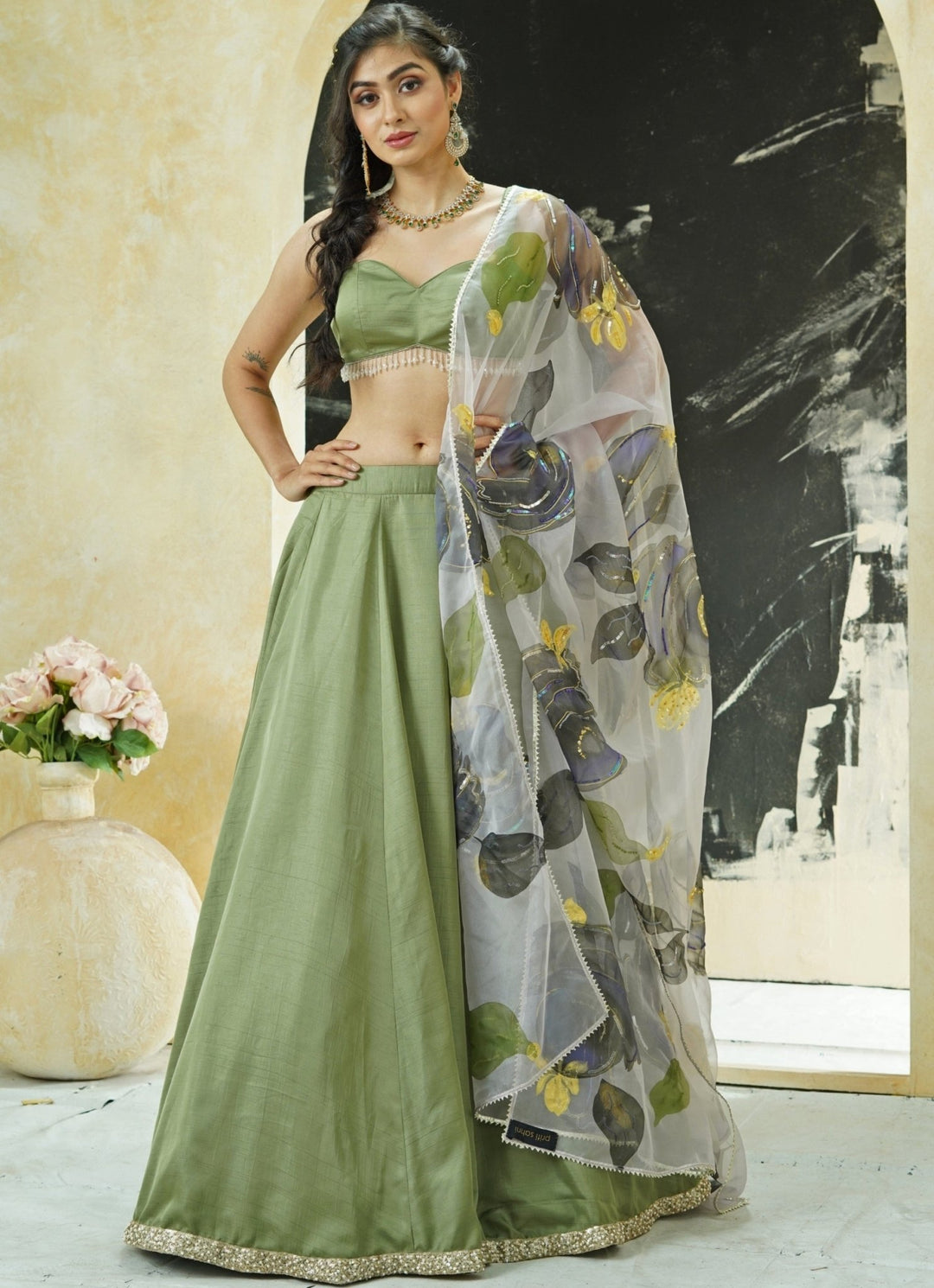 Sage Green Silk Lehenga Set With Hand Painted Dupatta Priti Sahni - Fabilicious Fashion