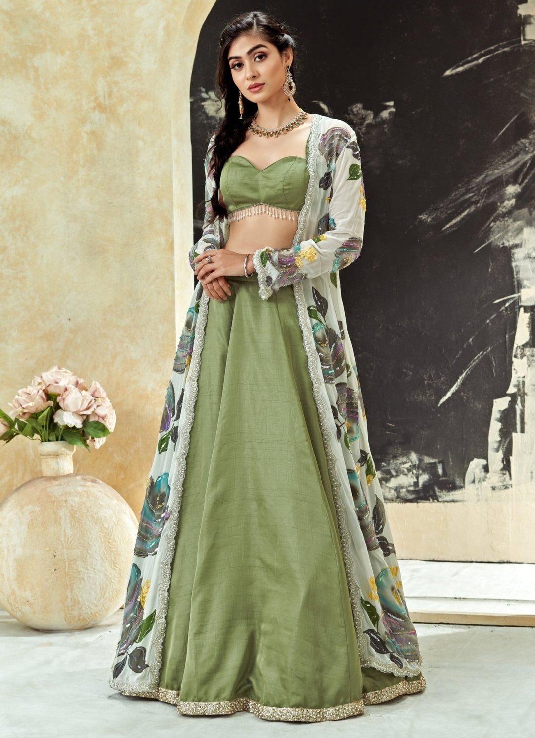 Sage Green Silk Lehenga Set With Hand Painted Long Jacket Priti Sahni - Fabilicious Fashion