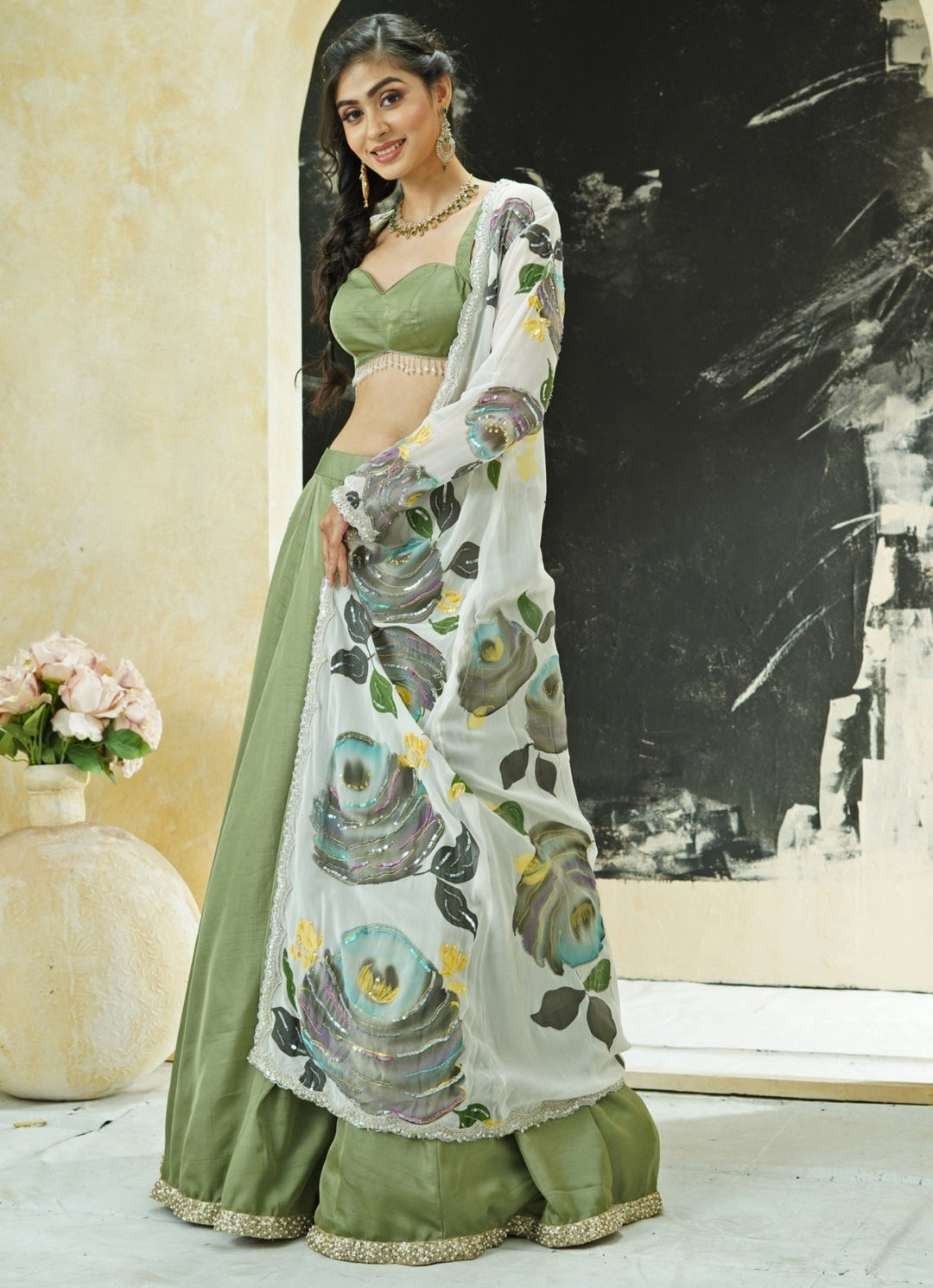 Sage Green Silk Lehenga Set With Hand Painted Long Jacket Priti Sahni - Fabilicious Fashion