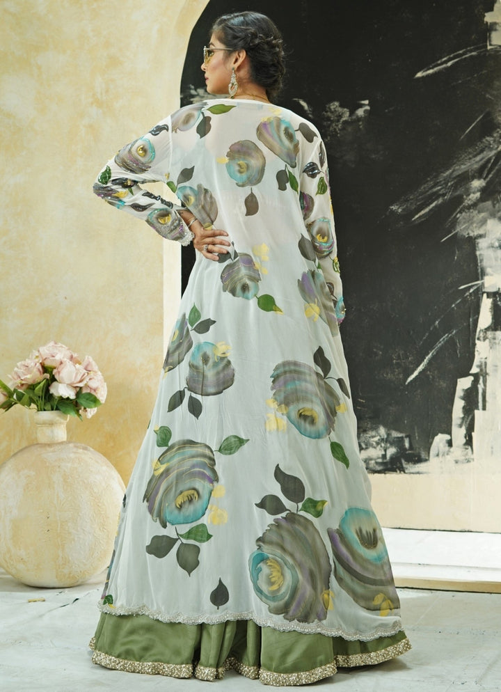 Sage Green Silk Lehenga Set With Hand Painted Long Jacket Priti Sahni - Fabilicious Fashion