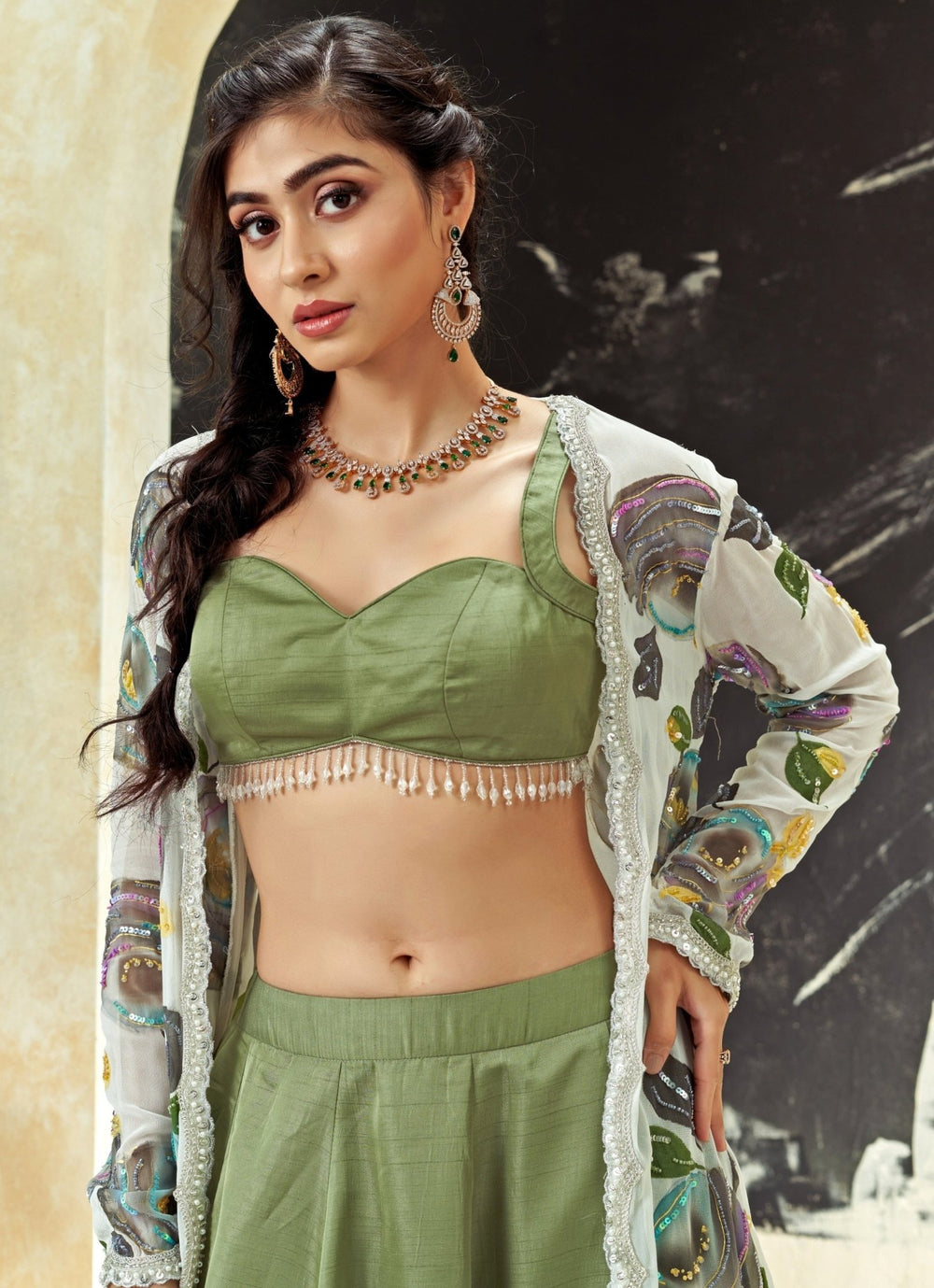 Sage Green Silk Lehenga Set With Hand Painted Long Jacket Priti Sahni - Fabilicious Fashion