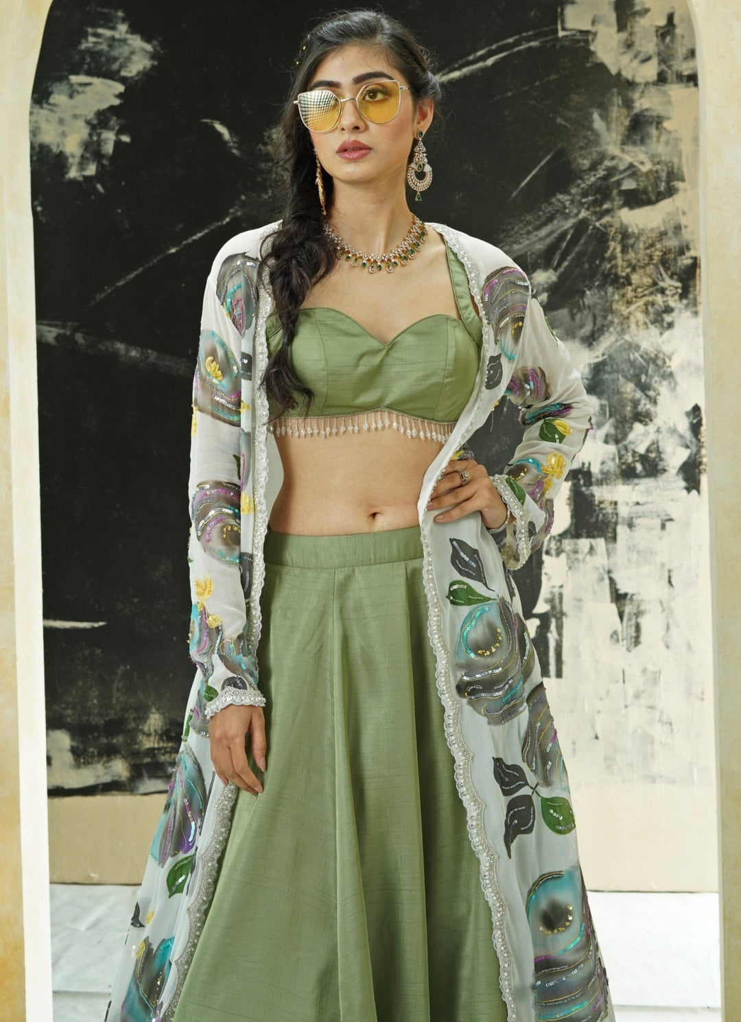 Sage Green Silk Lehenga Set With Hand Painted Long Jacket Priti Sahni - Fabilicious Fashion