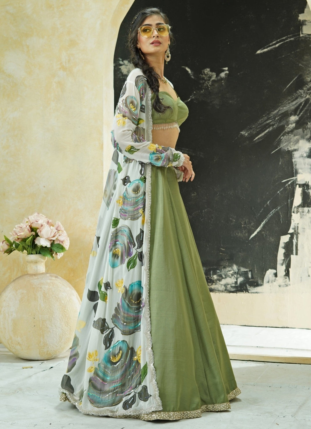 Sage Green Silk Lehenga Set With Hand Painted Long Jacket Priti Sahni - Fabilicious Fashion