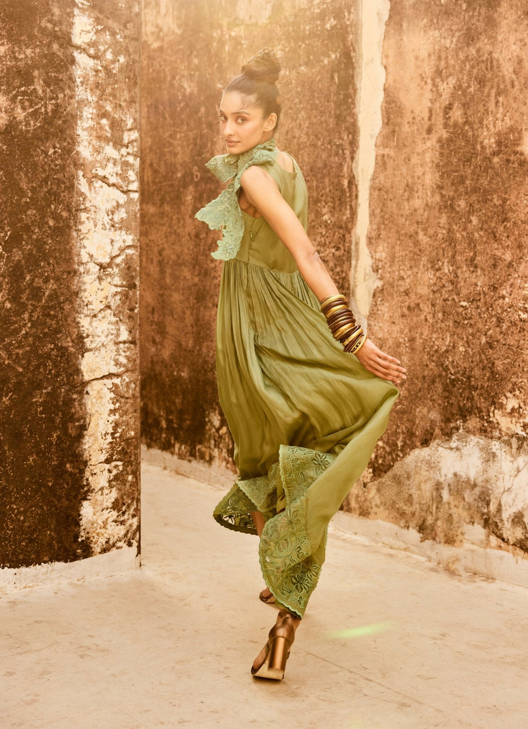 Sage Green Silk Organza Dress Paulmi and Harsh - Fabilicious Fashion