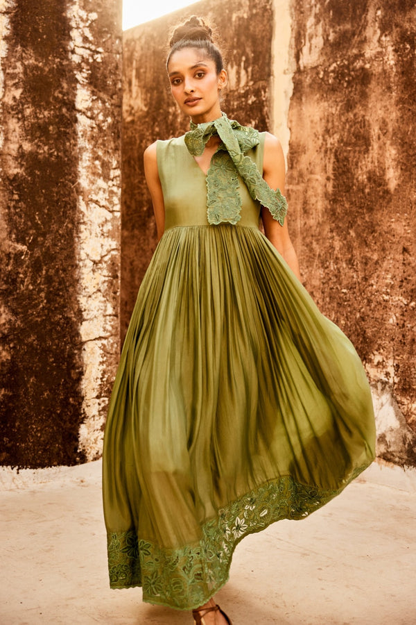 Sage green silk organza indowestern dress by Paulmi and Harsh
