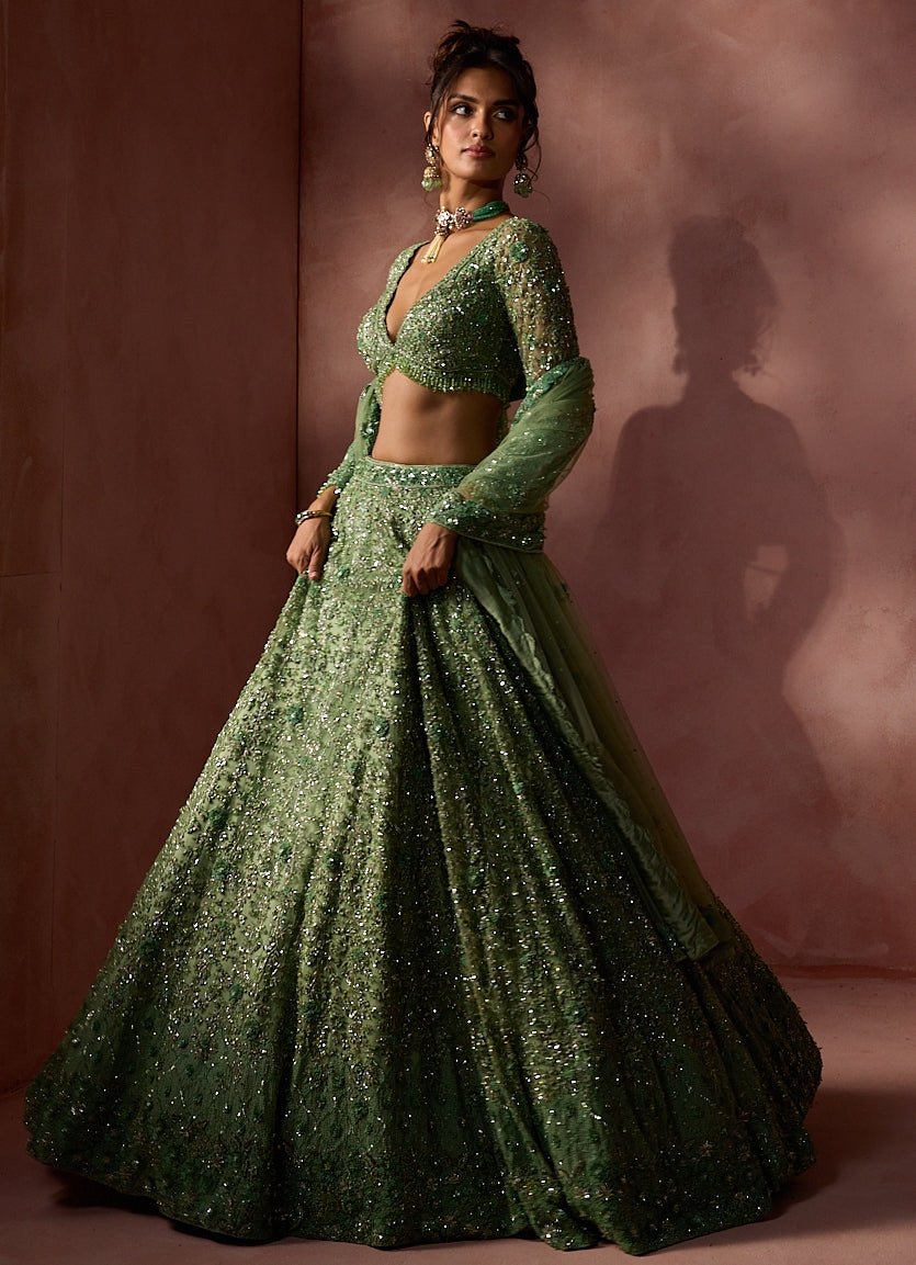 Sage Green Soft Net Lehenga Set Nitika Gujral - Fabilicious Fashion