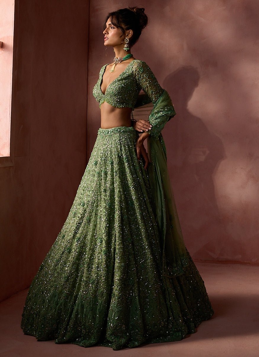 Sage Green Soft Net Lehenga Set Nitika Gujral - Fabilicious Fashion