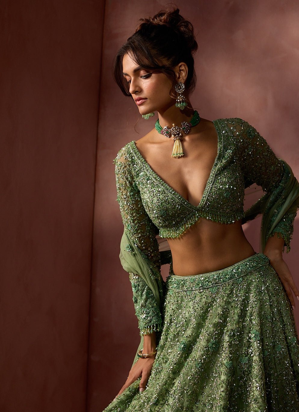 Sage Green Soft Net Lehenga Set Nitika Gujral - Fabilicious Fashion