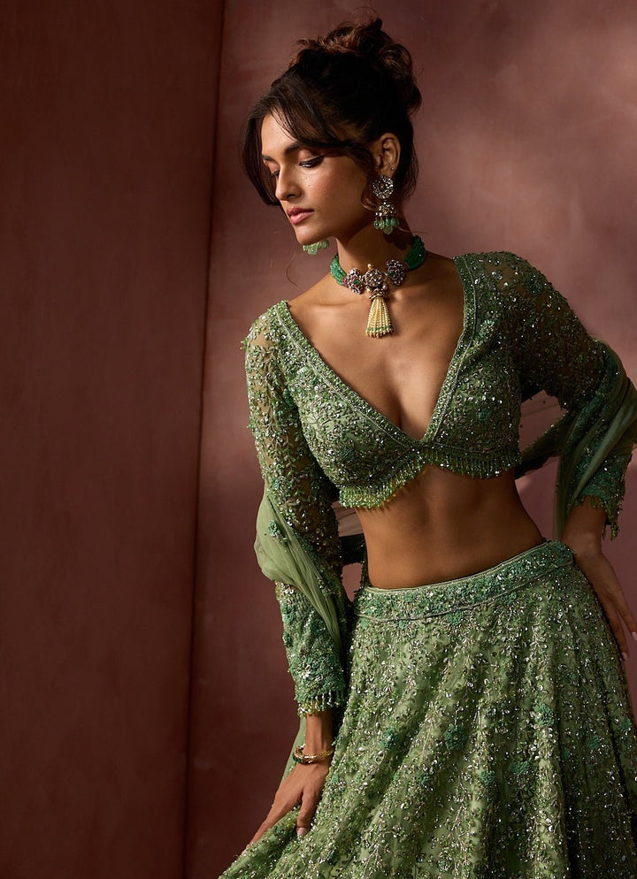 Sage Green Soft Net Lehenga Set Nitika Gujral - Fabilicious Fashion