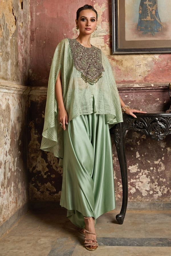 Sage green tissue kaftan pants set by Prisho