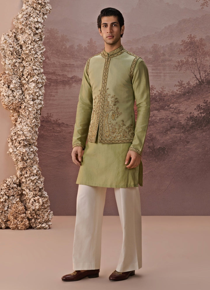 Contrast by Parth Sage Green Twill Silk Nehru Jacket SetFabilicious Fashion