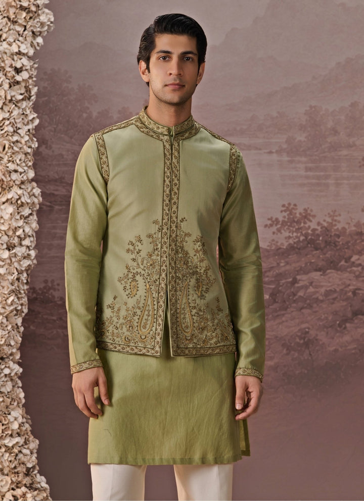 Contrast by Parth Sage Green Twill Silk Nehru Jacket SetFabilicious Fashion