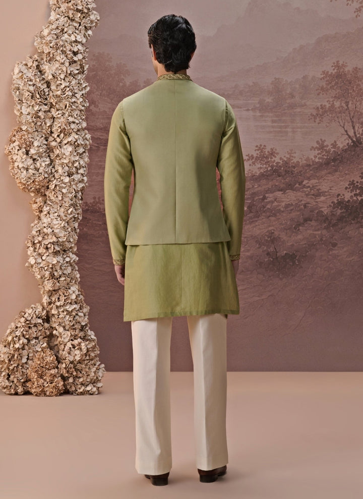 Contrast by Parth Sage Green Twill Silk Nehru Jacket SetFabilicious Fashion
