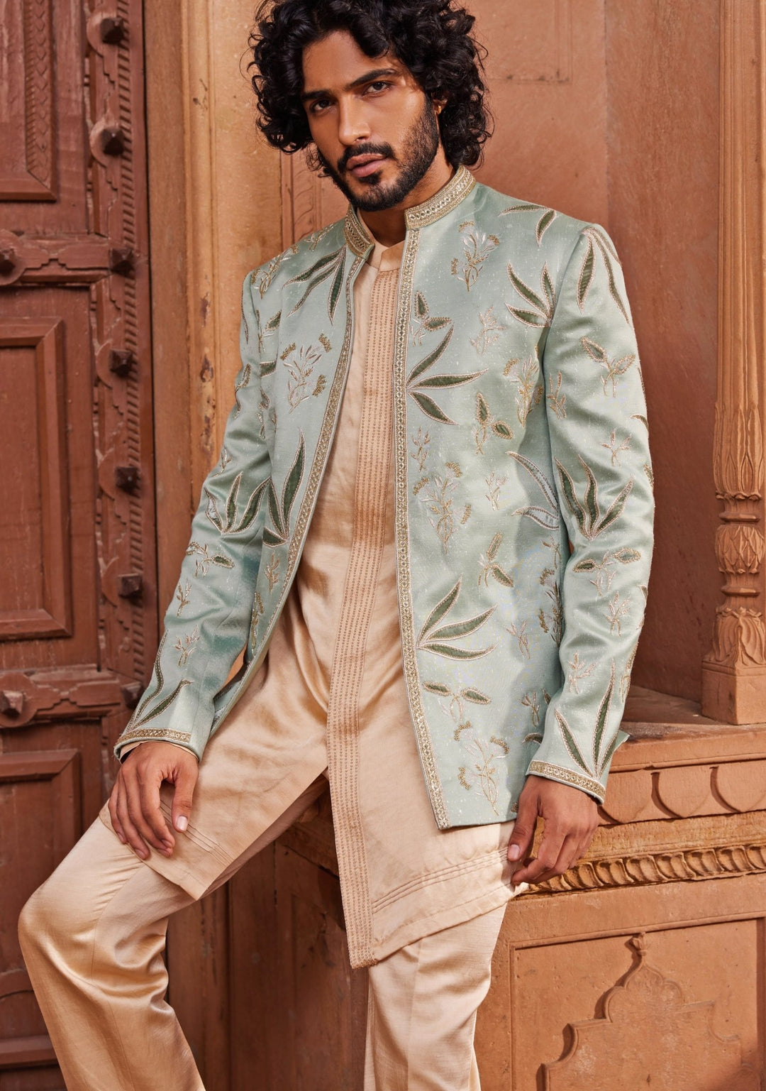 Sage Green Velvet Applique Jacket Set Contrast By Parth - Fabilicious Fashion