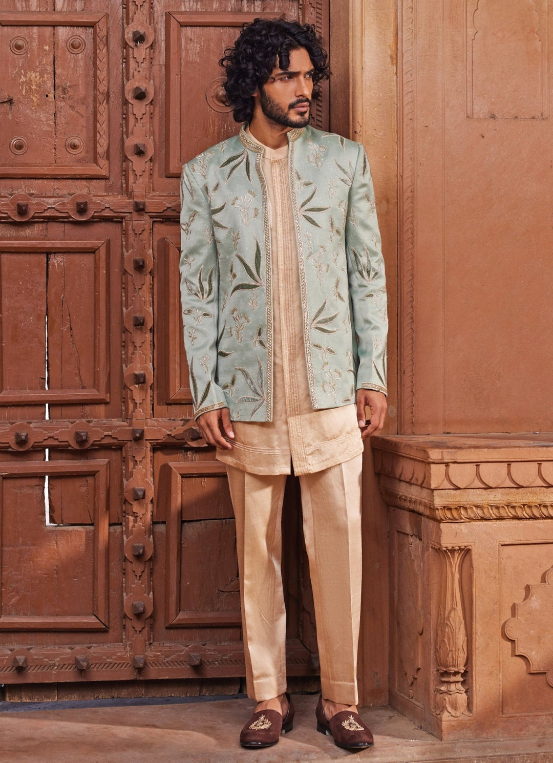 Sage Green Velvet Applique Jacket Set Contrast By Parth - Fabilicious Fashion
