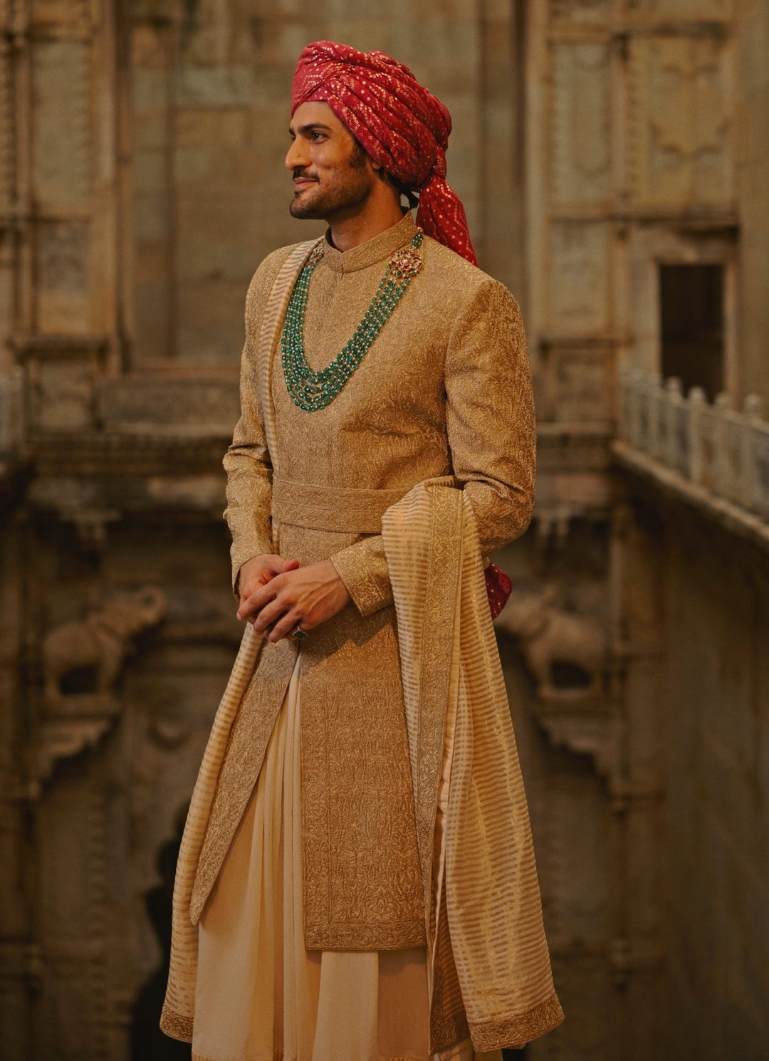 Salmon Pink and Beige Silk Sherwani Set Nitika Gujral - Men - Fabilicious Fashion