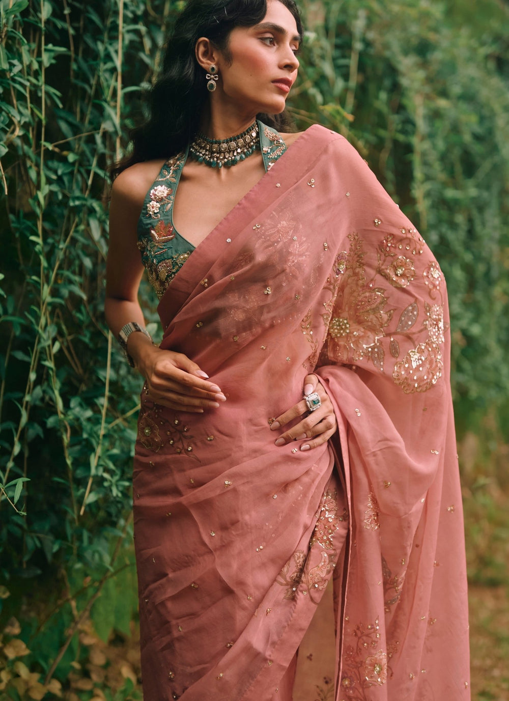 Paulmi and Harsh Salmon Pink And Green Printed Organza SareeFabilicious Fashion