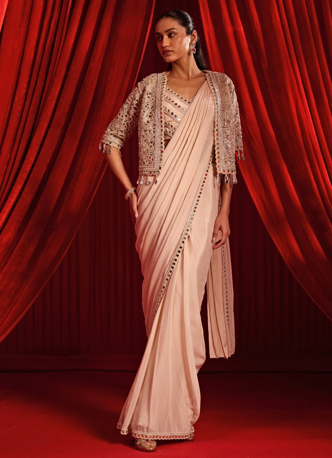 Nidhika Shekhar Salmon Pink Chiffon Pre - Draped Saree With CapeFabilicious Fashion