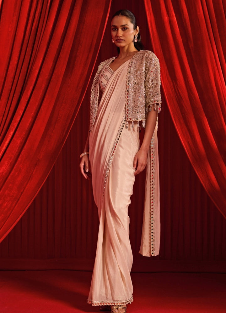Nidhika Shekhar Salmon Pink Chiffon Pre - Draped Saree With CapeFabilicious Fashion