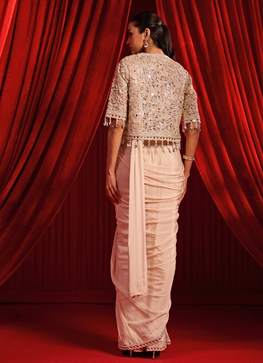 Nidhika Shekhar Salmon Pink Chiffon Pre - Draped Saree With CapeFabilicious Fashion