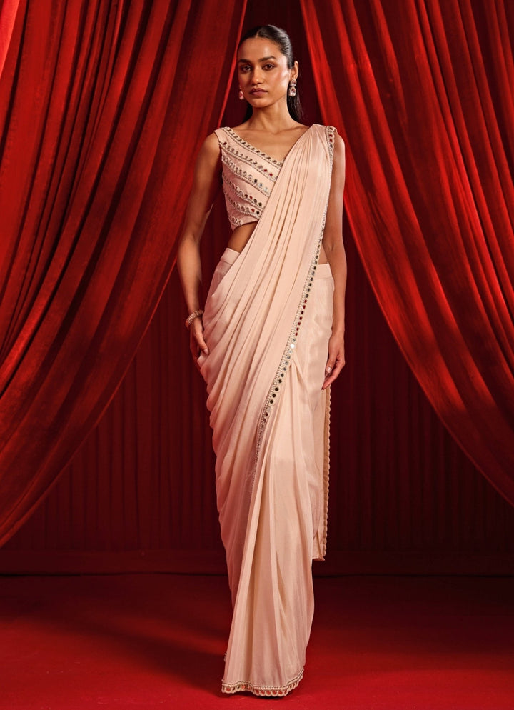 Nidhika Shekhar Salmon Pink Chiffon Pre - Draped Saree With CapeFabilicious Fashion