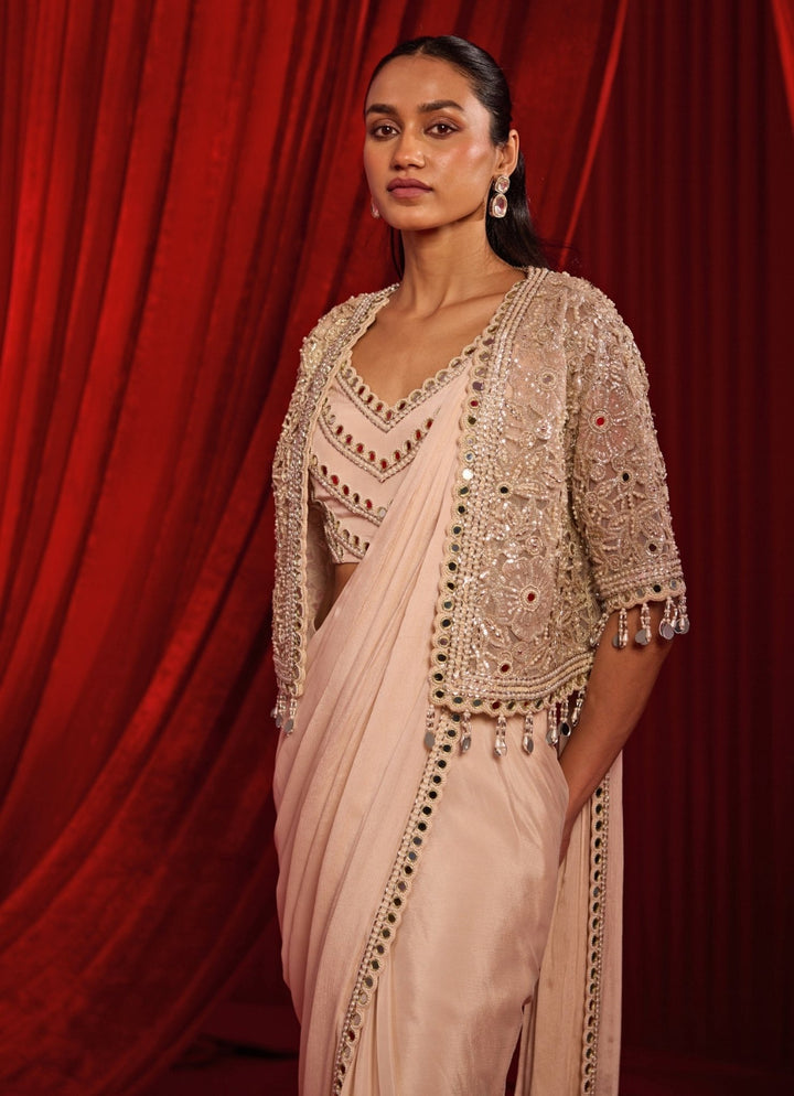 Nidhika Shekhar Salmon Pink Chiffon Pre - Draped Saree With CapeFabilicious Fashion