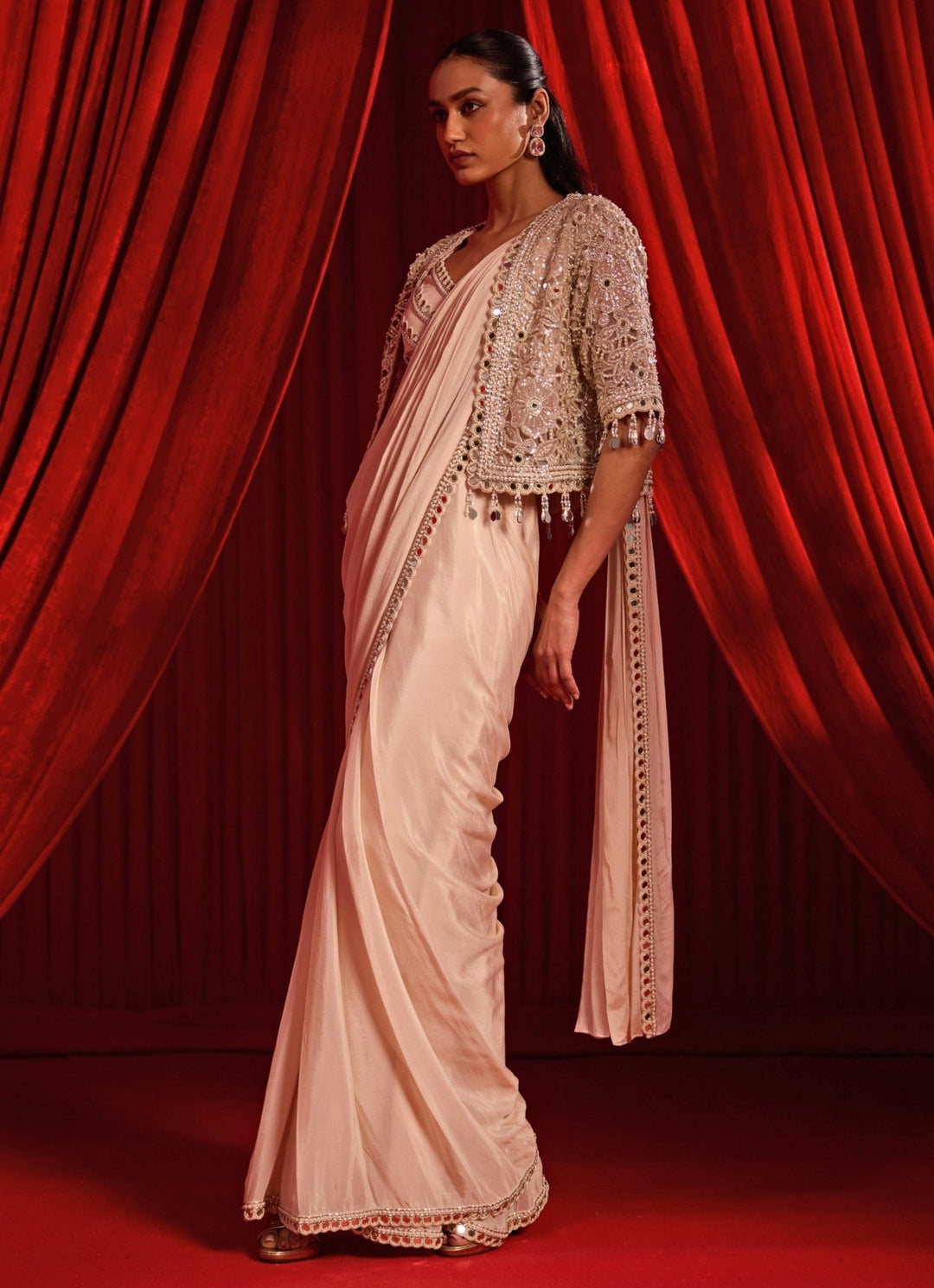Nidhika Shekhar Salmon Pink Chiffon Pre - Draped Saree With CapeFabilicious Fashion