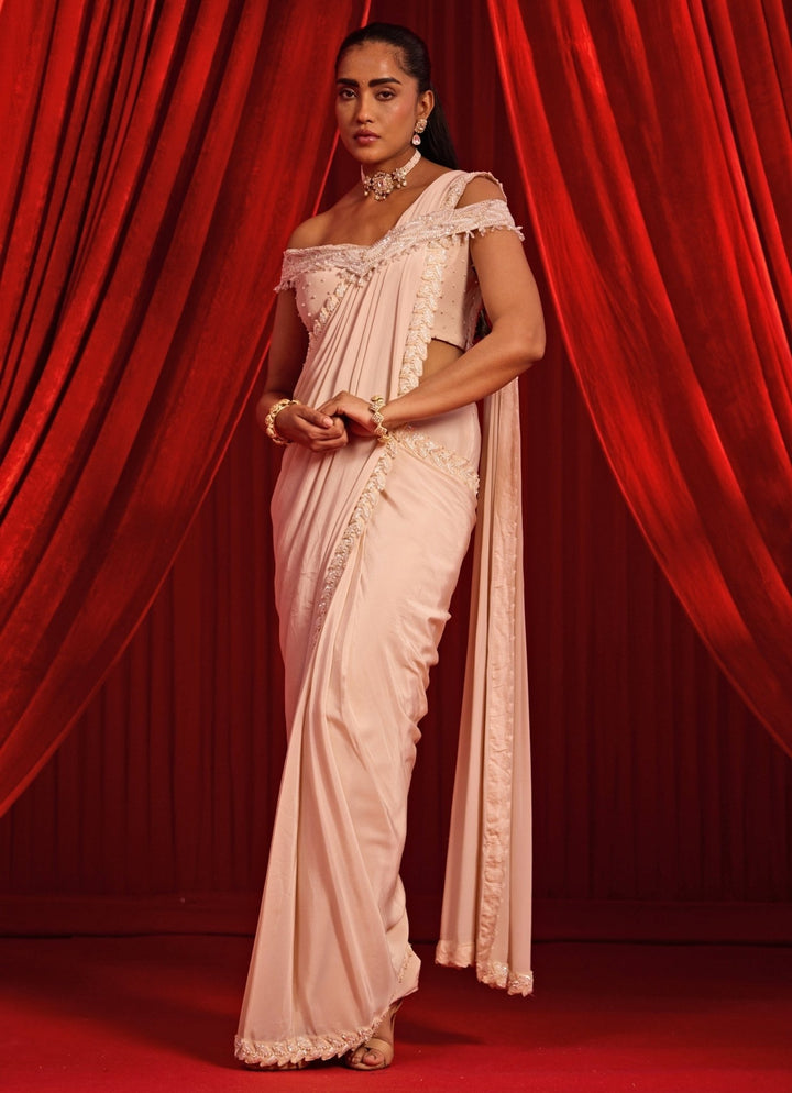 Salmon Pink Crepe Pre - Draped Saree With Off Shoulder Blouse Nidhika Shekhar - Fabilicious Fashion