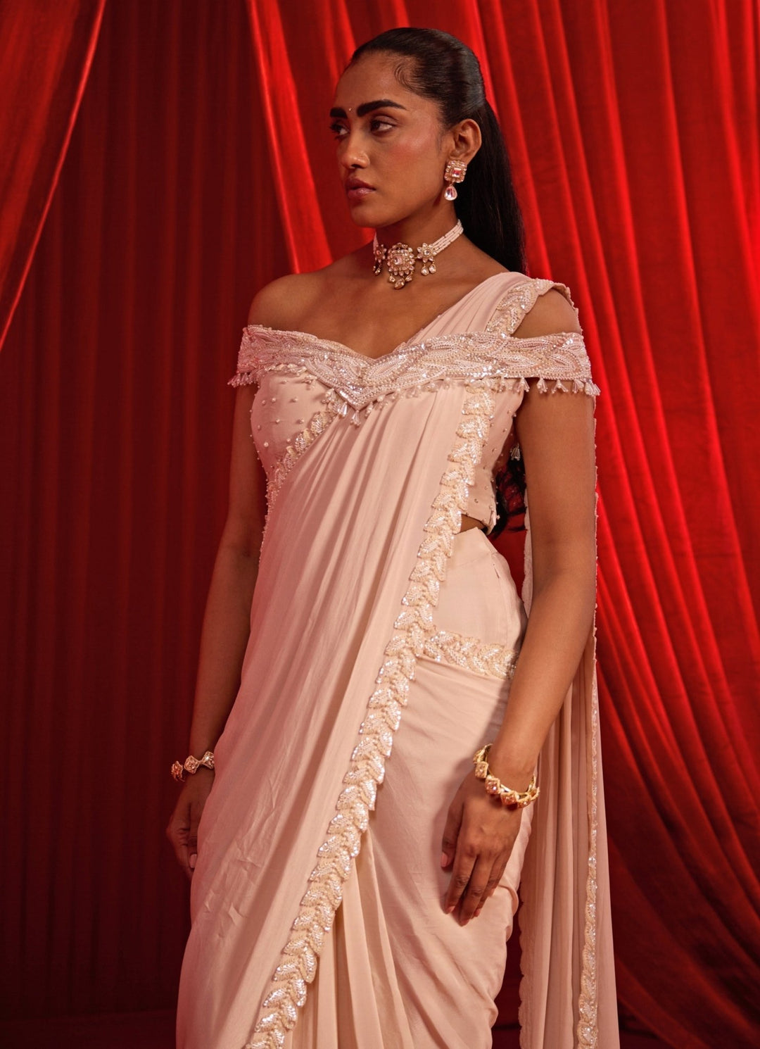 Salmon Pink Crepe Pre - Draped Saree With Off Shoulder Blouse Nidhika Shekhar - Fabilicious Fashion