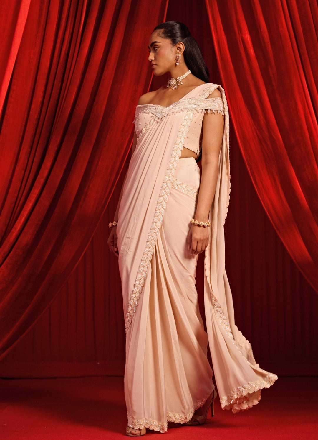 Salmon Pink Crepe Pre - Draped Saree With Off Shoulder Blouse Nidhika Shekhar - Fabilicious Fashion