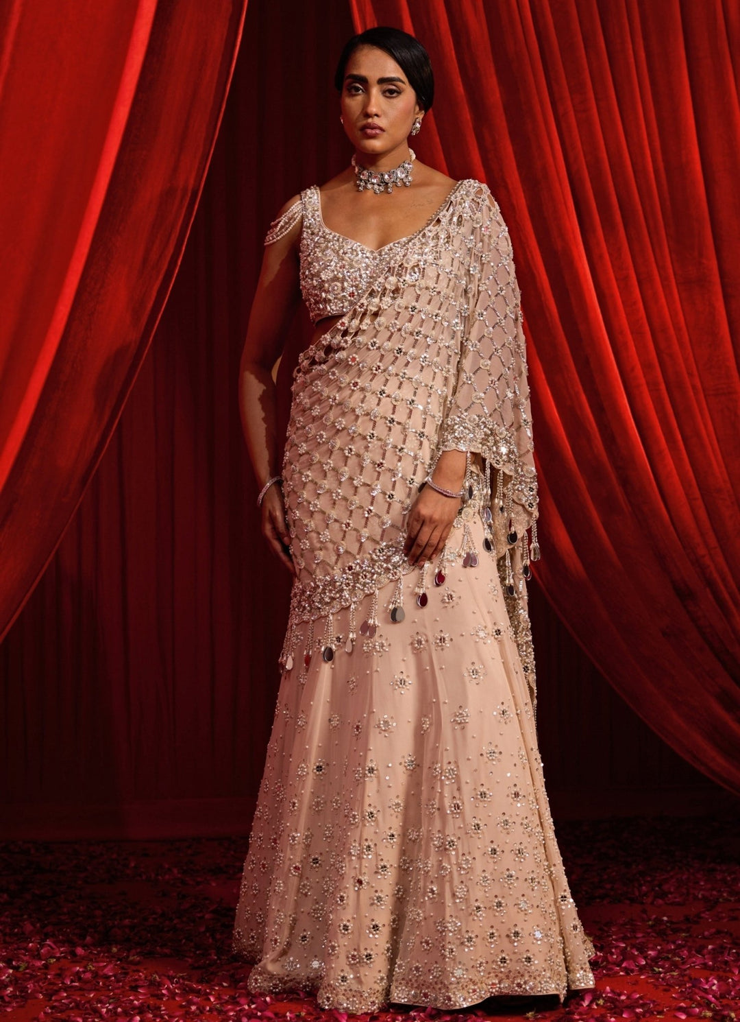 Salmon Pink Georgette Mermaid Lehenga Nidhika Shekhar - Fabilicious Fashion