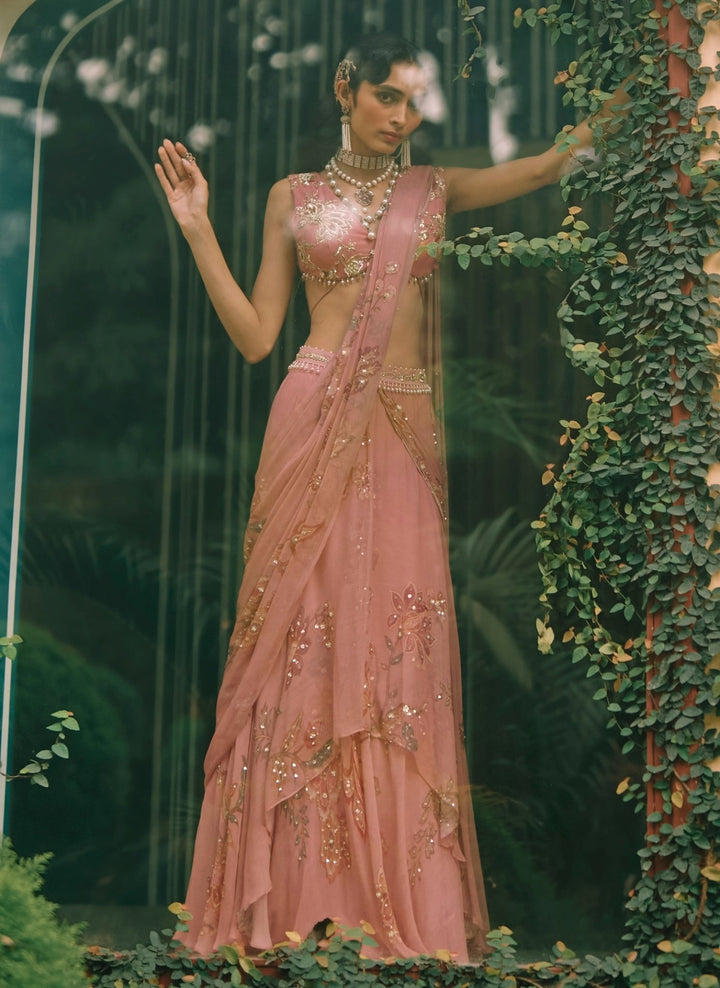 Paulmi and Harsh Salmon Pink Printed Chiffon Pre-Draped SareeFabilicious Fashion