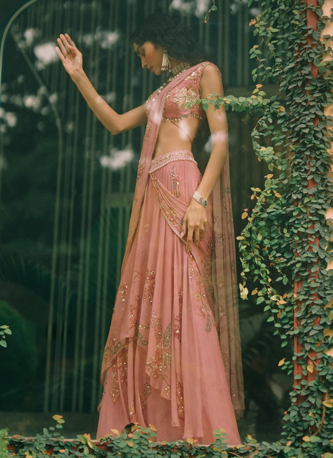 Paulmi and Harsh Salmon Pink Printed Chiffon Pre-Draped SareeFabilicious Fashion