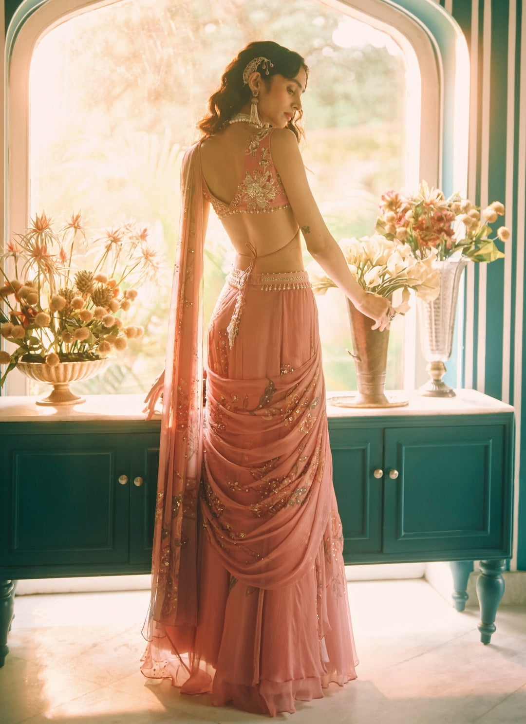 Paulmi and Harsh Salmon Pink Printed Chiffon Pre-Draped SareeFabilicious Fashion