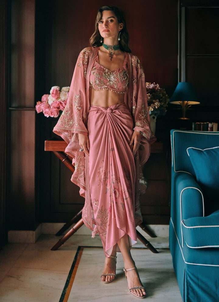 Paulmi and Harsh Salmon Pink Printed Cotton Silk Drape Skirt Set With CapeFabilicious Fashion