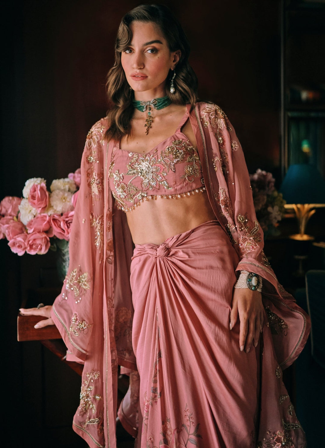 Paulmi and Harsh Salmon Pink Printed Cotton Silk Drape Skirt Set With CapeFabilicious Fashion
