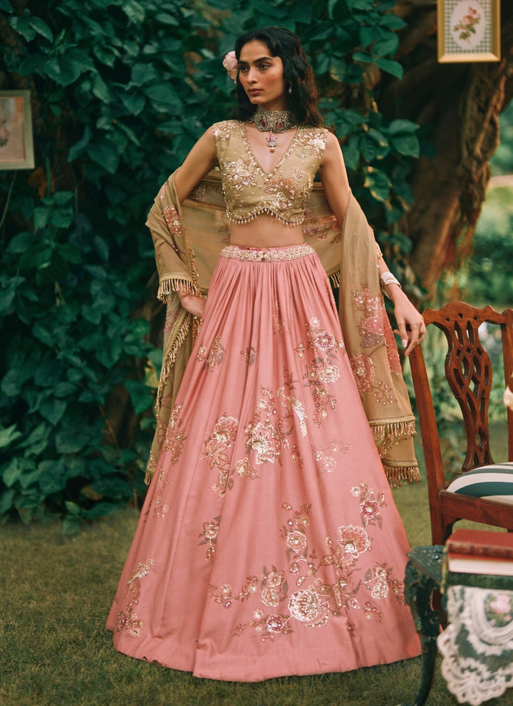 Paulmi and Harsh Salmon Pink Printed Silk Lehenga SetFabilicious Fashion