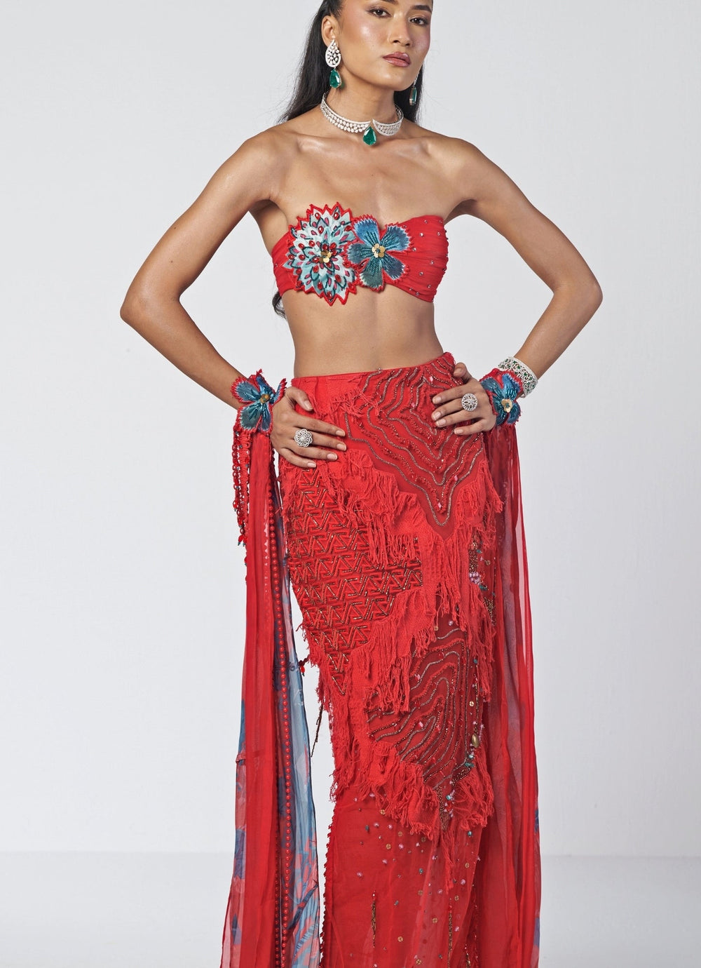 Rishi and Vibhuti Scarlet Red Organza Column Skirt SetFabilicious Fashion