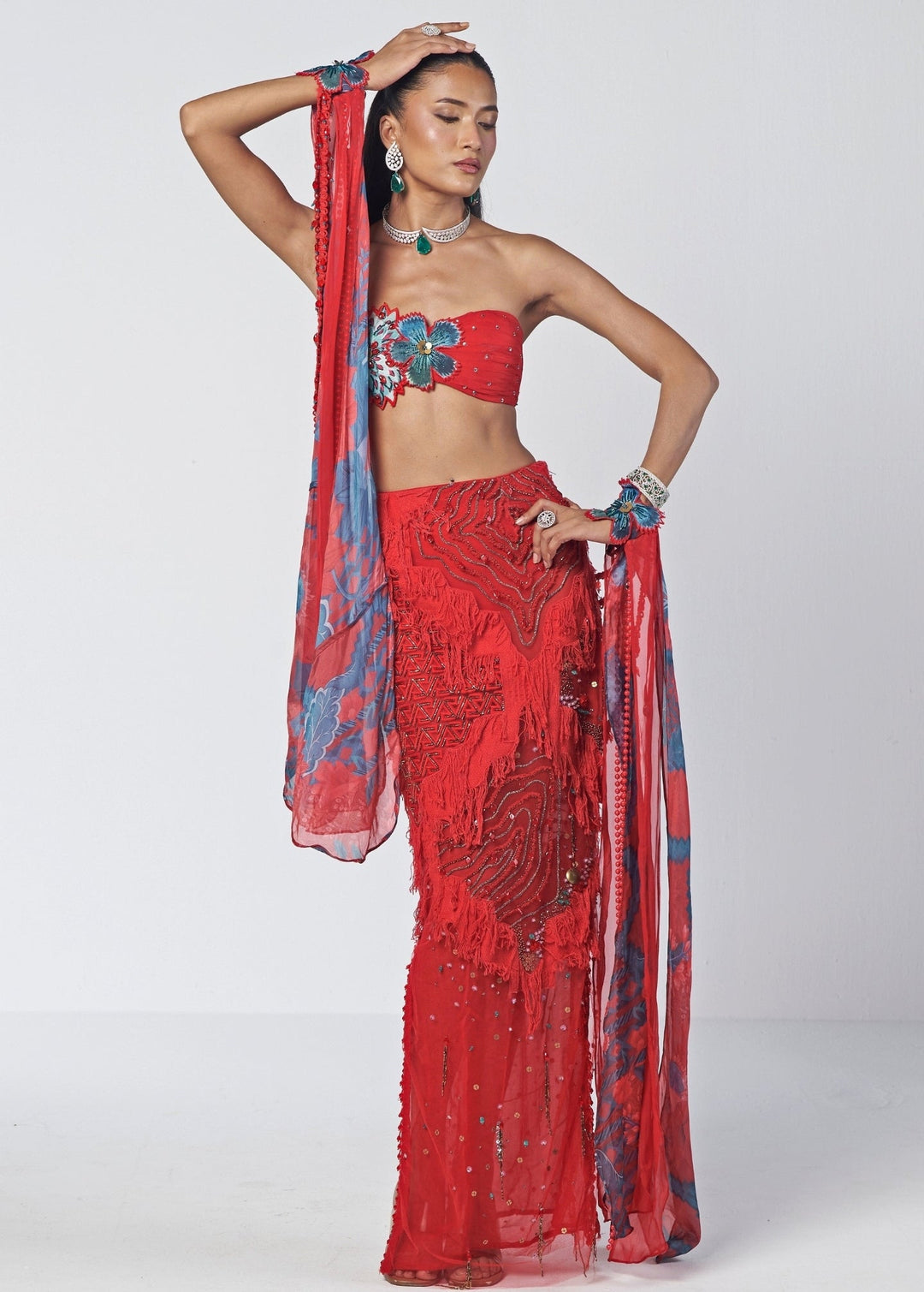 Rishi and Vibhuti Scarlet Red Organza Column Skirt SetFabilicious Fashion