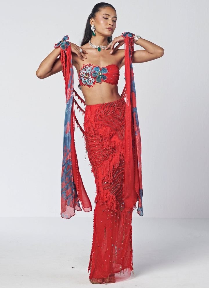 Rishi and Vibhuti Scarlet Red Organza Column Skirt SetFabilicious Fashion