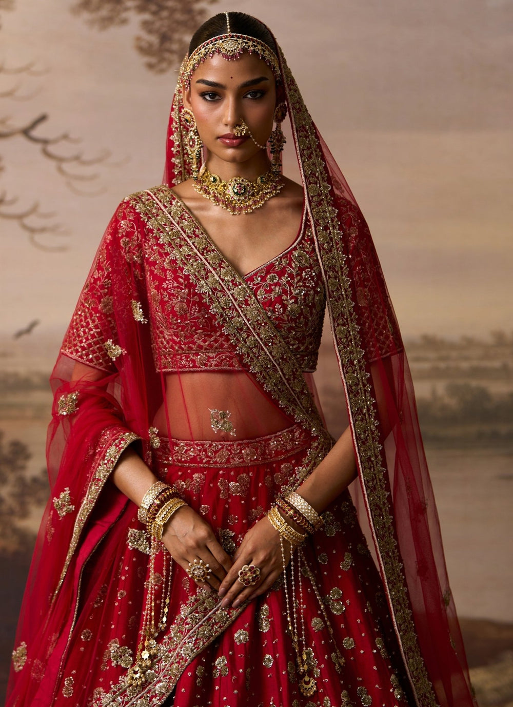 Angad Singh Scarlet Red Raw Silk Double Dupatta Bridal LehengaFabilicious Fashion