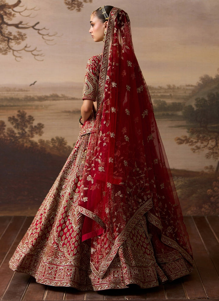 Angad Singh Scarlet Red Raw Silk Double Dupatta Lehenga SetFabilicious Fashion