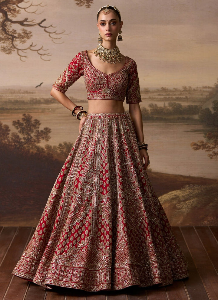 Angad Singh Scarlet Red Raw Silk Double Dupatta Lehenga SetFabilicious Fashion