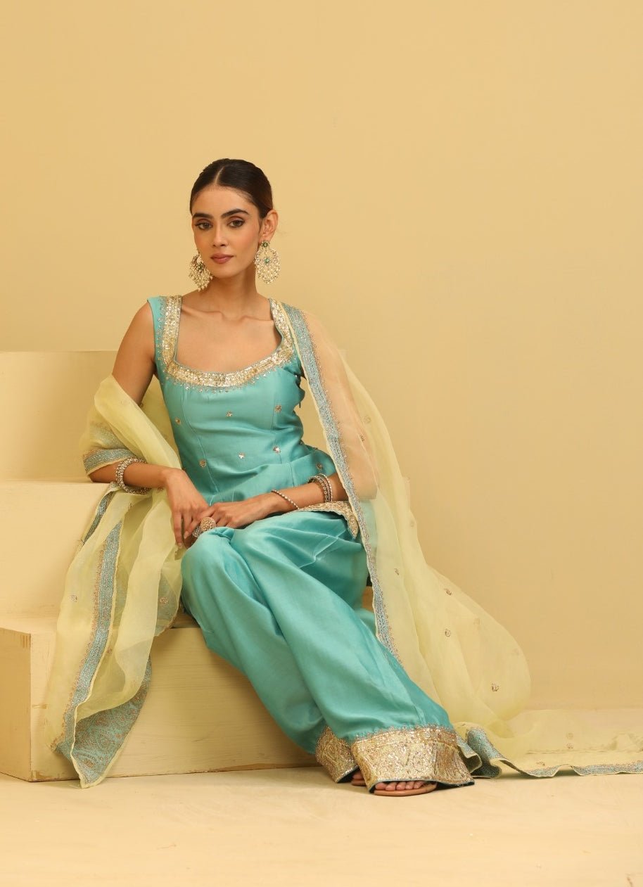 Esha Koul Sea Blue Chanderi Kurta Farshi Salwar SetFabilicious Fashion