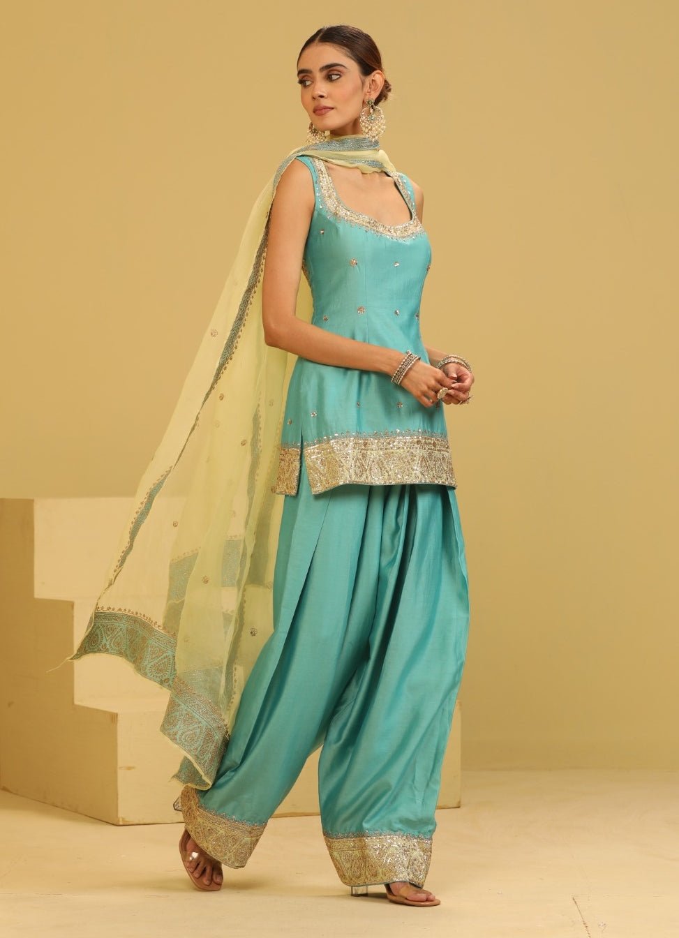 Esha Koul Sea Blue Chanderi Kurta Farshi Salwar SetFabilicious Fashion