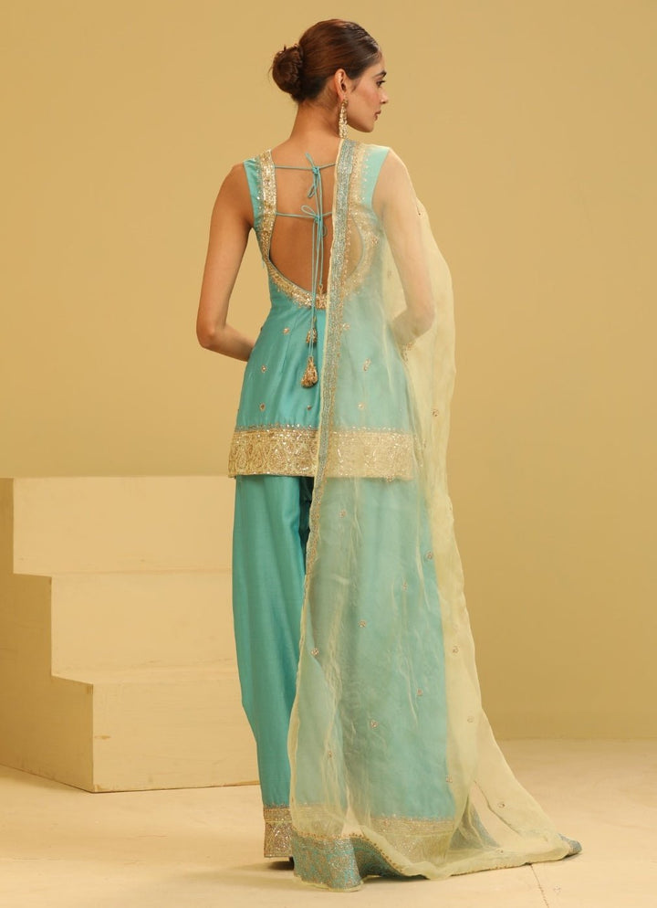 Esha Koul Sea Blue Chanderi Kurta Farshi Salwar SetFabilicious Fashion