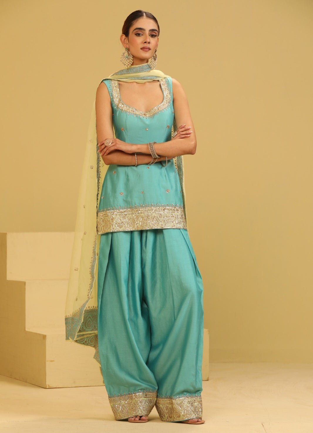 Esha Koul Sea Blue Chanderi Kurta Farshi Salwar SetFabilicious Fashion