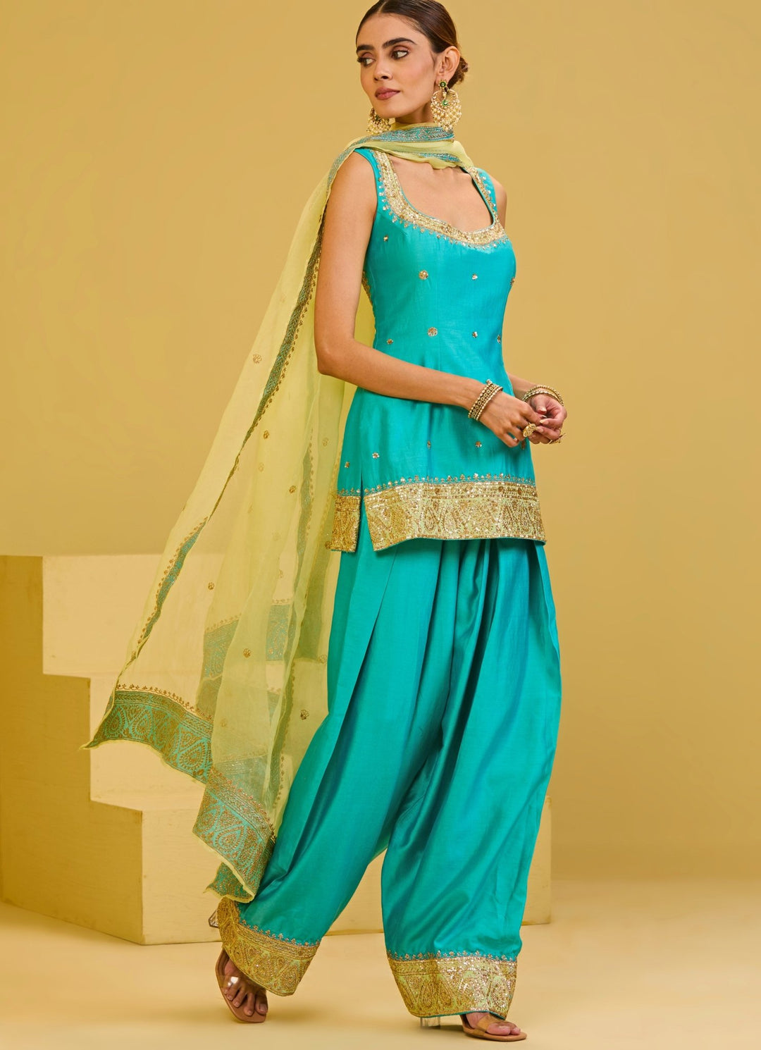 Esha Koul Sea Blue Chanderi Kurta Farshi Salwar SetFabilicious Fashion