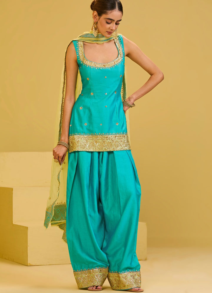 Esha Koul Sea Blue Chanderi Kurta Farshi Salwar SetFabilicious Fashion