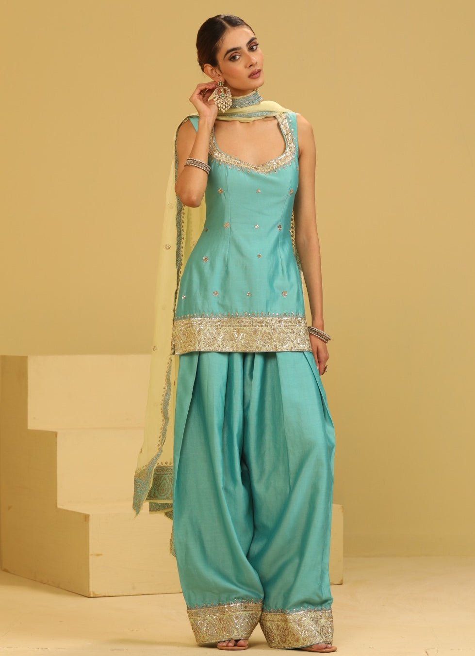 Esha Koul Sea Blue Chanderi Kurta Farshi Salwar SetFabilicious Fashion